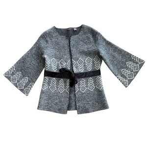 heather B 100% Wool Cardigan size Medium Velvet Tie Front Bell Sleeve